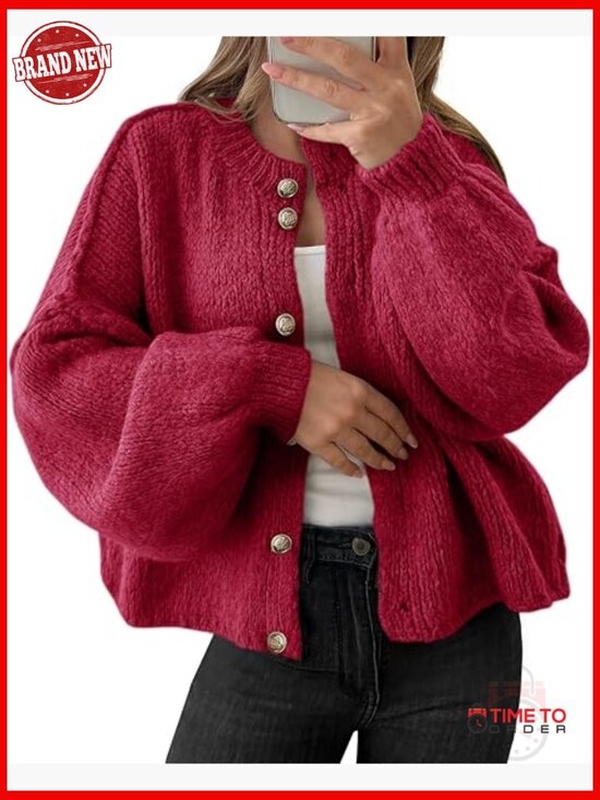 Sweaters - Oversized Chunky Knit Cardigan Button Up Long Lantern Sleeve Fall Winter